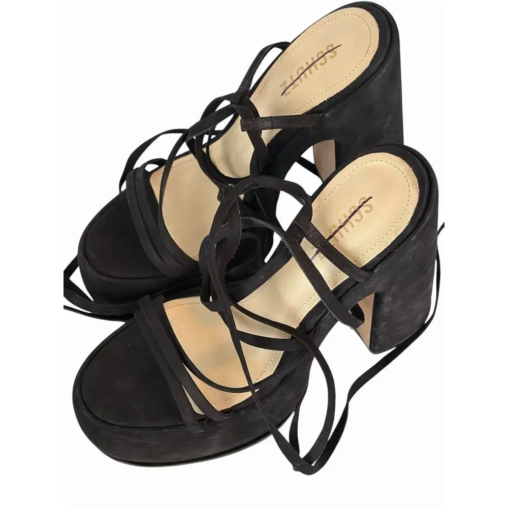 NEW Schutz Lynda Black Suede Platform Sandals •10• Chunky Heel Ankle Wrap $195